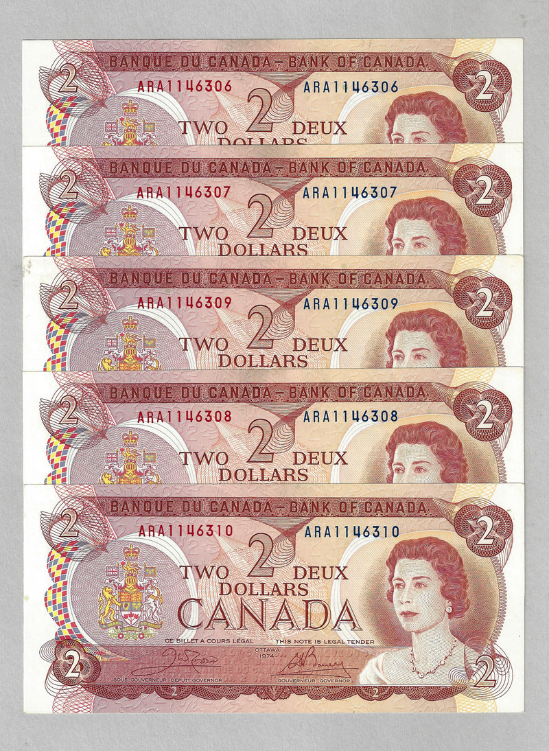 1974 $2 5 Consecutive Bank of Canada Note Crow-Bouey Prefix ARA BC-47b G/UNC