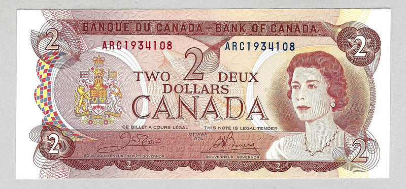 1974 $2 Bank of Canada Note Crow-Bouey Prefix ARC1934108 BC-47b CH/UNC