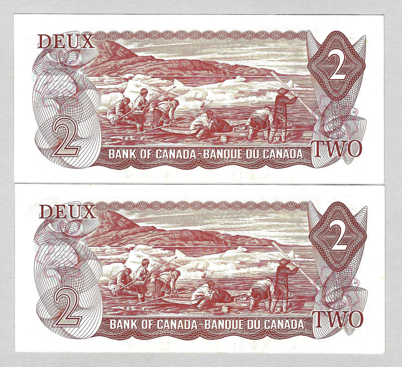 1974 $2 2 Consecutive Bank of Canada Note Crow-Bouey Prefix ARC BC-47b CH/UNC