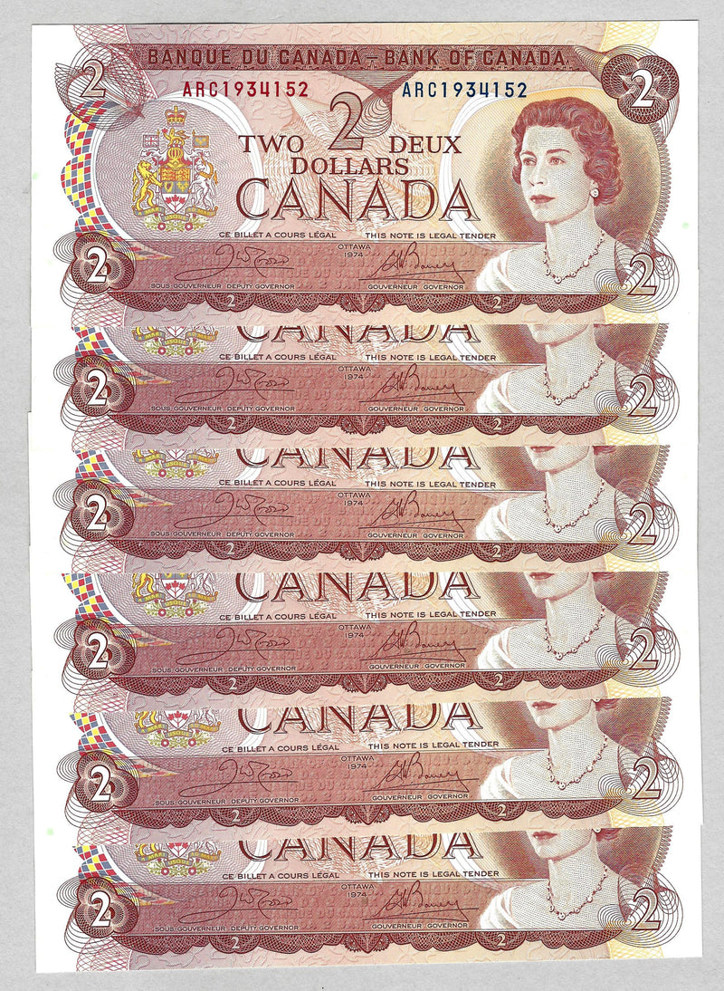 1974 $2 6 Consecutive Bank Of Canada Note Crow-Bouey ARC Prefix BC-47b CH / UNC