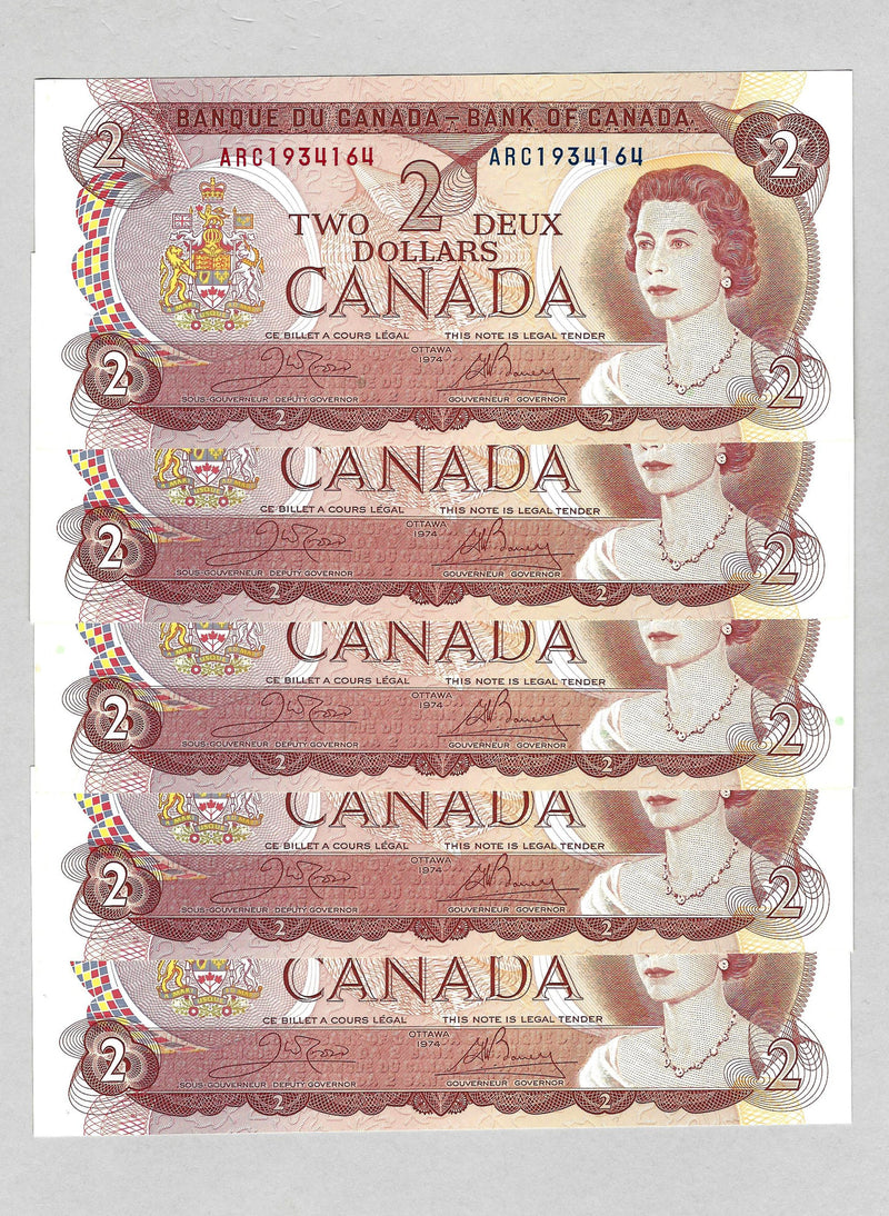 1974 $2 5 Consecutive Bank of Canada Note Crow-Bouey Prefix ARC BC-47b UNC
