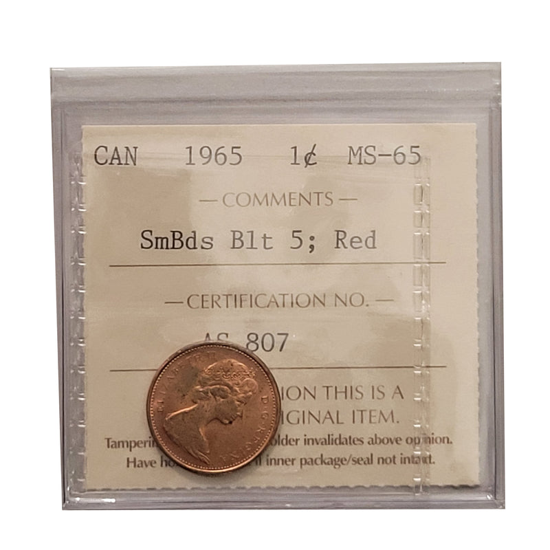 1965 SmBds BLt 5 1 Cent Canada Certified ICCS MS-65 Red