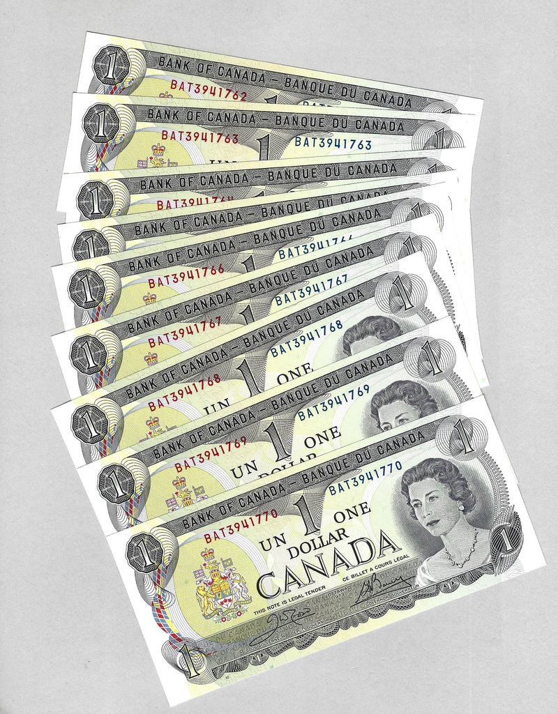 1973 Bank Of Canada $1Lot Of 9 Concecutive Prefix BAT3941762 (Crow/Bouey) UNC