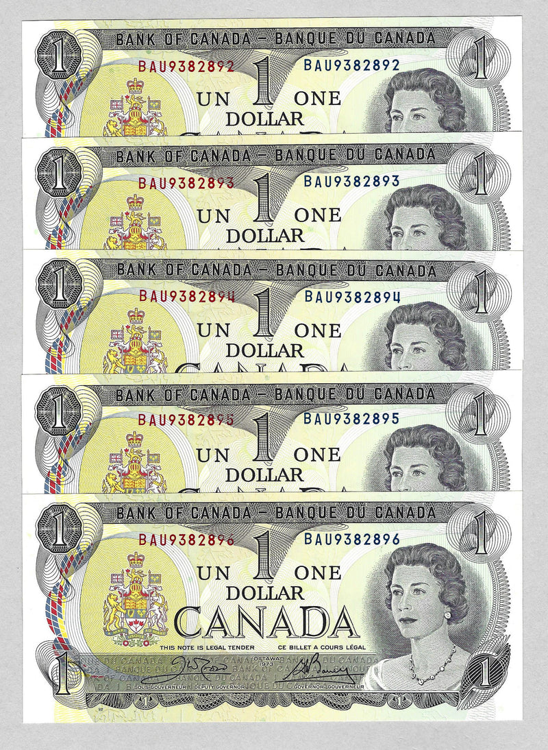 1973 $1 Set Of 5 Consecutive Bank Of Canada Crow- Bouey Prefix BAU BC-46b UNC