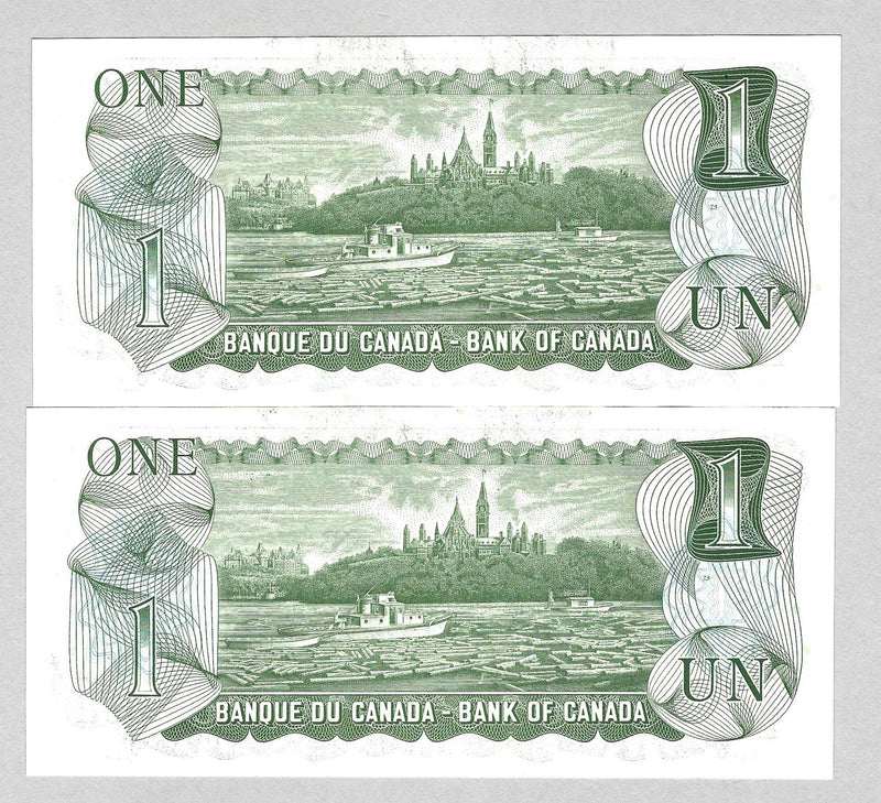 1973 $1 Set Of 2 Consecutive Bank Of Canada Crow- Bouey Prefix BCG BC-46b UNC