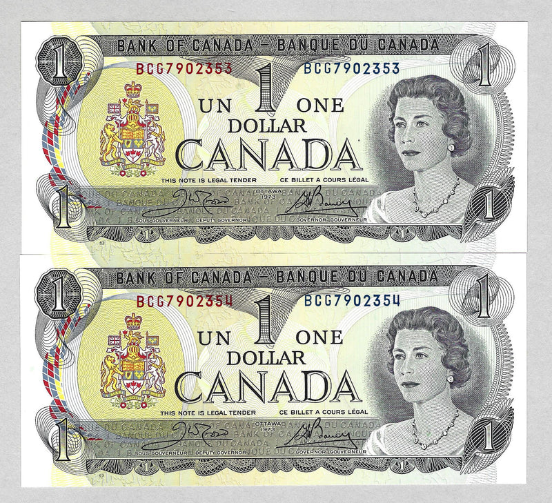 1973 $1 Set Of 2 Consecutive Bank Of Canada Crow- Bouey Prefix BCG BC-46b UNC