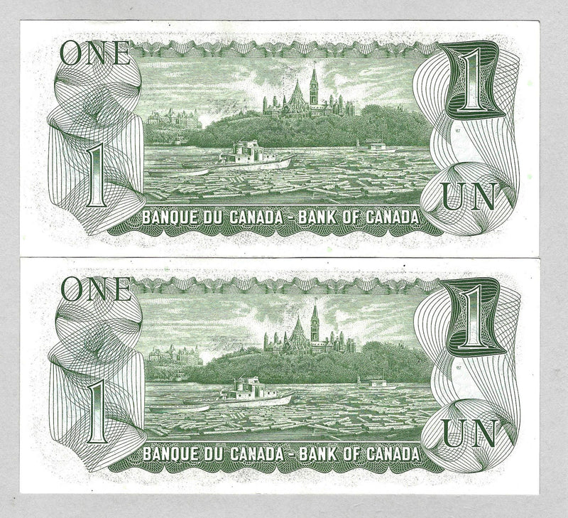 1973 $1 Set Of 2 Consecutive Bank Of Canada Crow- Bouey Prefix BFH BC-46b UNC