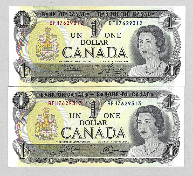 1973 $1 Set Of 2 Consecutive Bank Of Canada Crow- Bouey Prefix BFH BC-46b UNC