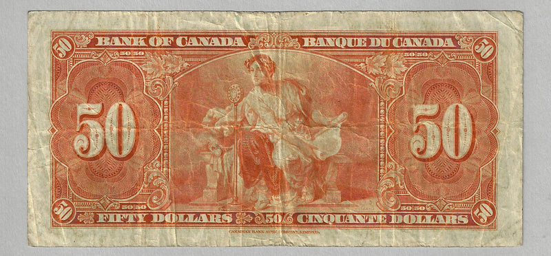 1937 $50 Bank of Canada Note Gordon-Towers Prefix BH BC-26b Fine