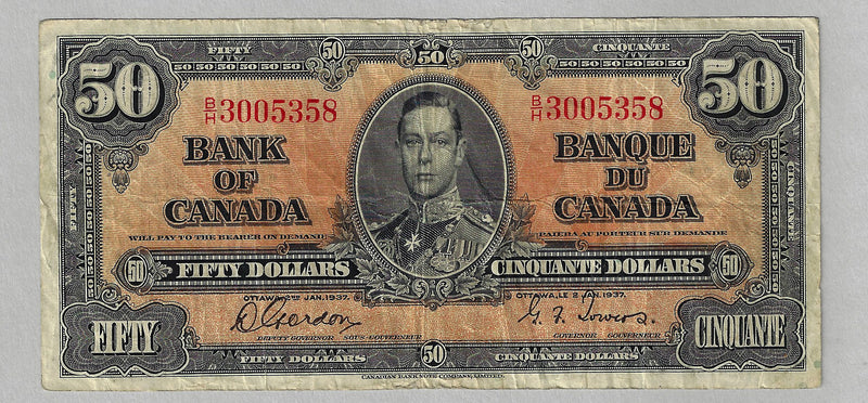 1937 $50 Bank of Canada Note Gordon-Towers Prefix BH BC-26b Fine