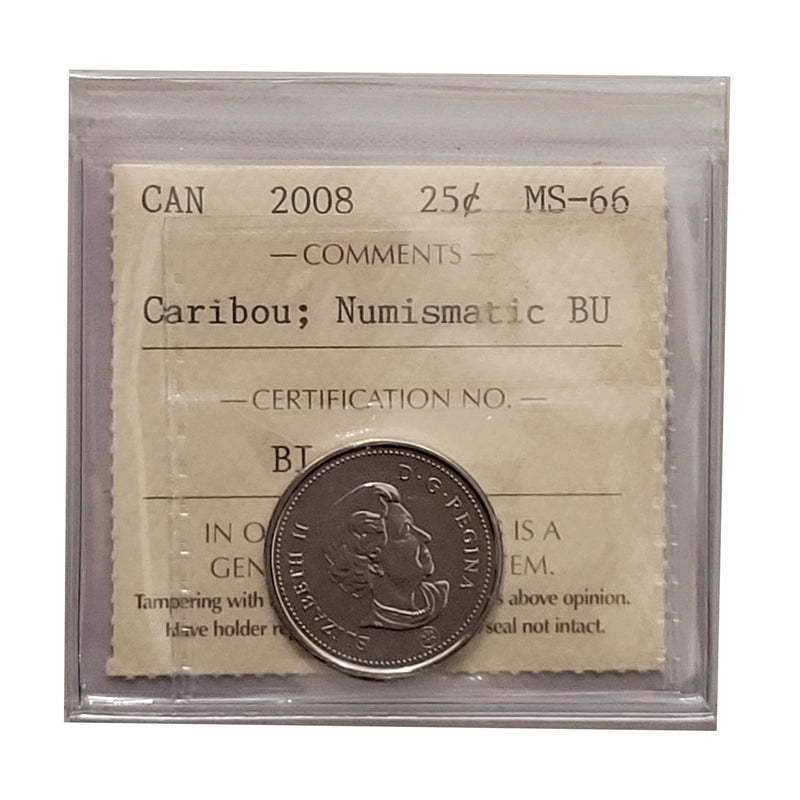 2008 Caribou 25 Cent Canada Certifield ICCS MS-66 Numismatic BU