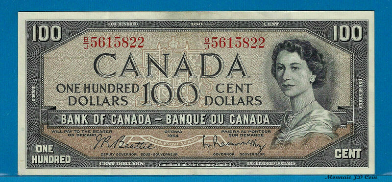 1954 $100 Bank of Canada Note Beattie-Rasminsky B/J Prefix BC-43b - Circulated