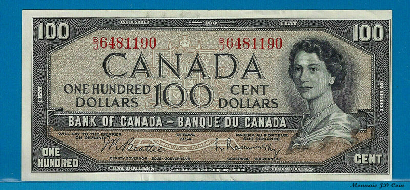 1954 $100 Bank of Canada Note Beattie-Rasminsky B/J Prefix BC-43b - Circulated