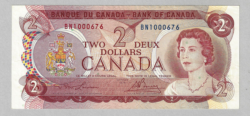 1974 Bank Of Canada $2 Dollar Bank Note Prefix