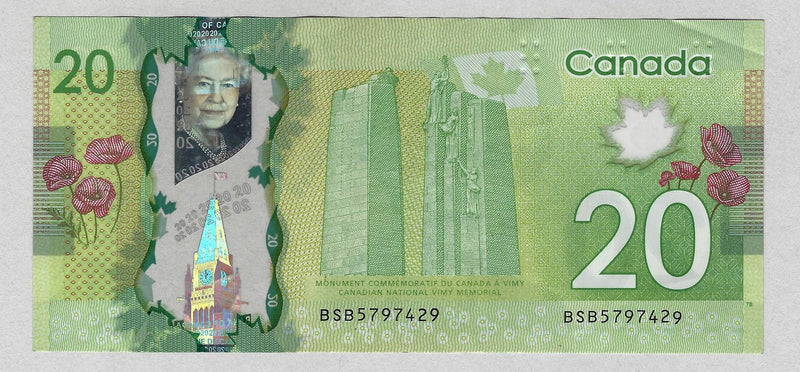 2012 $20 Bank of Canada Note Macklen-Camey Prefix BSB BC-71a Error Low 9 Circ