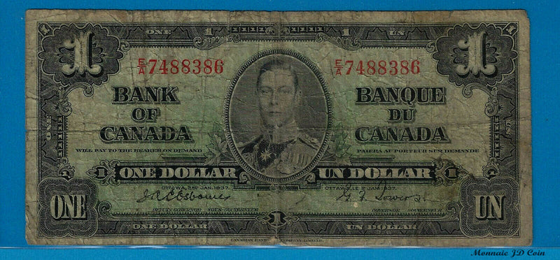 1937 $1 Bank of Canada Note Osborne-Towers Prefix E/A BC-21a - Circulated VG