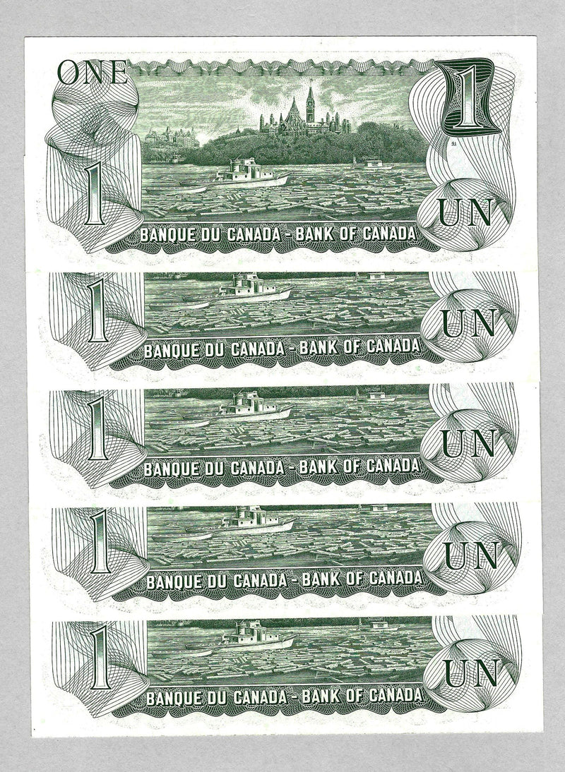 1973 $1 Set Of 5 Consecutive Bank Of Canada Crow- Bouey Prefix ECJ BC-46b UNC