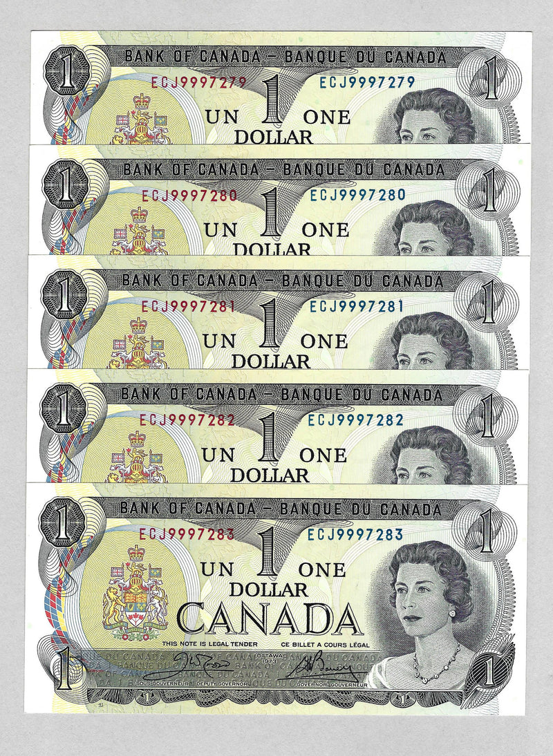 1973 $1 Set Of 5 Consecutive Bank Of Canada Crow- Bouey Prefix ECJ BC-46b UNC