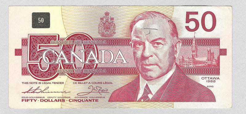 1988 $50 Bank of Canada Note Thiessen-Crow Prefix EHU BC-59a Circ.