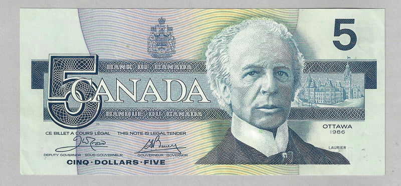 1986 $5 Bank Of Canada Note Crow-Bouey Prefix ENB BC-56a Yellow B.P.N. CH/Unc