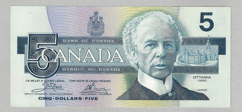 1986 $5 Bank Of Canada Note Crow-Bouey ENC Prefix BC-56a Yellow B.P.N. Uncirculated