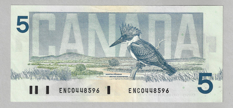 1986 $5 Bank Of Canada Note Crow-Bouey ENC Prefix BC-56a Yellow B.P.N. Uncirculated