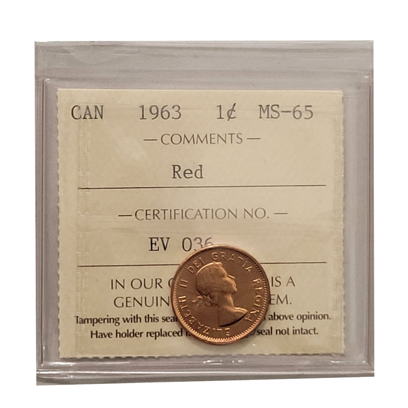 1963 1 Cent Canada Certified ICCS MS-65 Red
