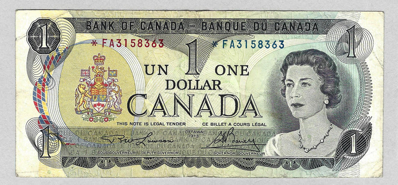 1973 Bank Of Canada $1 Dollar Remplacement Prefix *FA3158363 (Lawson/Bouey) Cir.