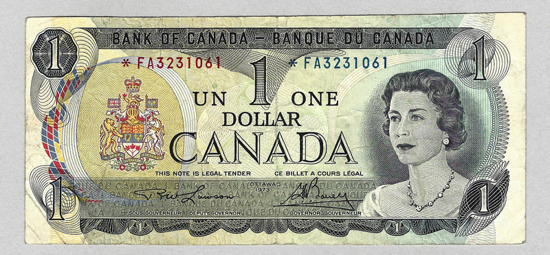 1973 Bank Of Canada $1 Dollar Remplacement Prefix *FA3231061 (Lawson/Bouey) Cir.