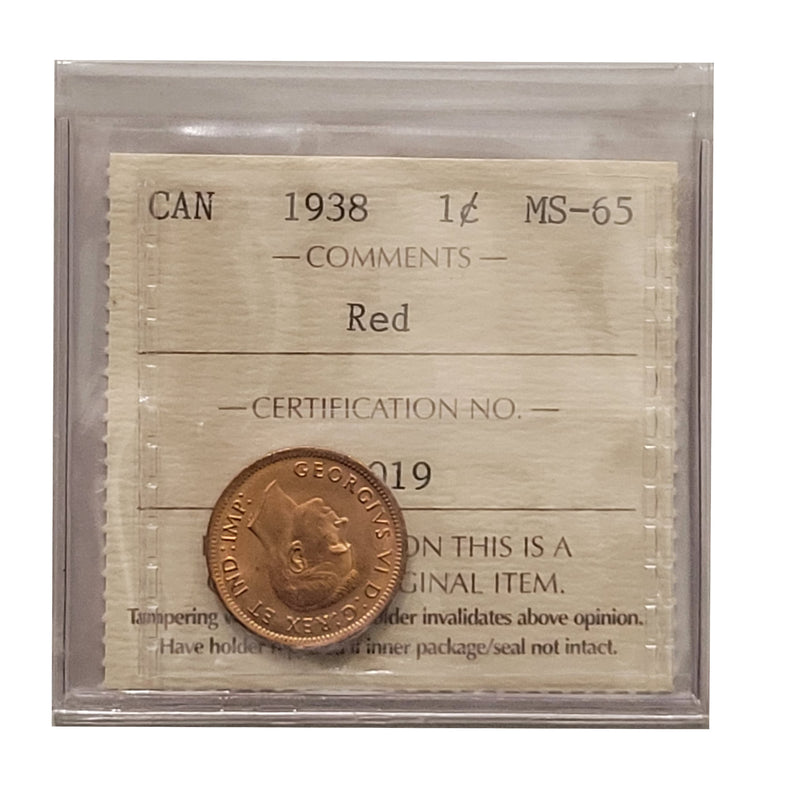 1938 1 Cent Canada Certified ICCS MS-65 Red