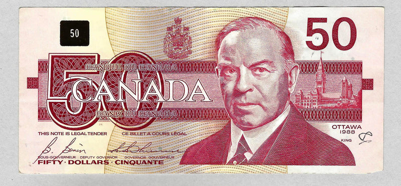 1988 $50 Bank of Canada Note Bonin-Thiessen FHR5710688Prefix BC-59a Circulated