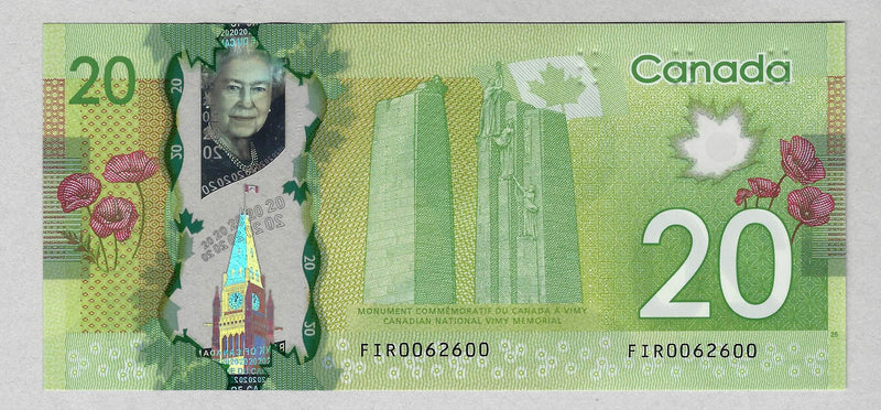 2012 $20 Bank of Canada Note Macklem-Carney Prefix FIR BC-1-N1-iii Radar 3 Digit UNC