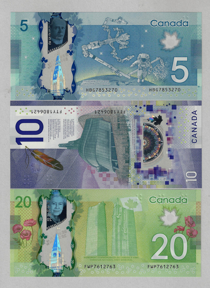 2012 To 2018 Canada Set Of 3 Variety Bank note Polymer $5,$10,$20 UNC