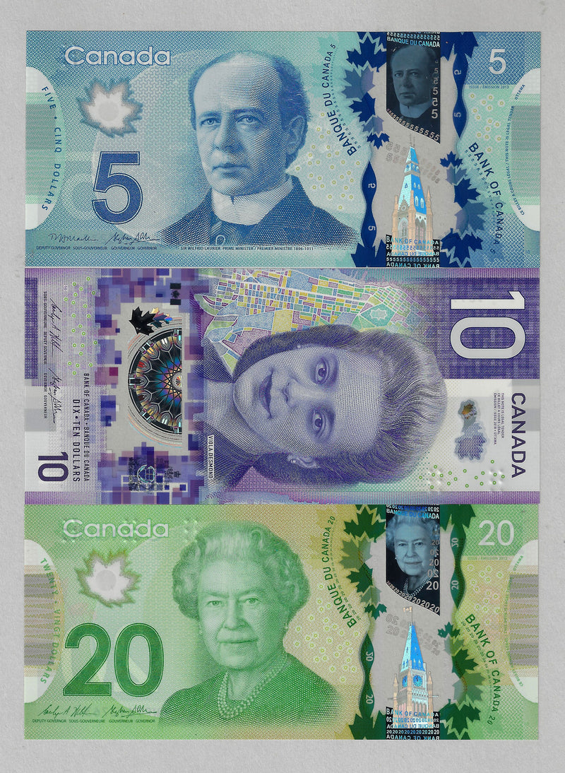 2012 To 2018 Canada Set Of 3 Variety Bank note Polymer $5,$10,$20 UNC