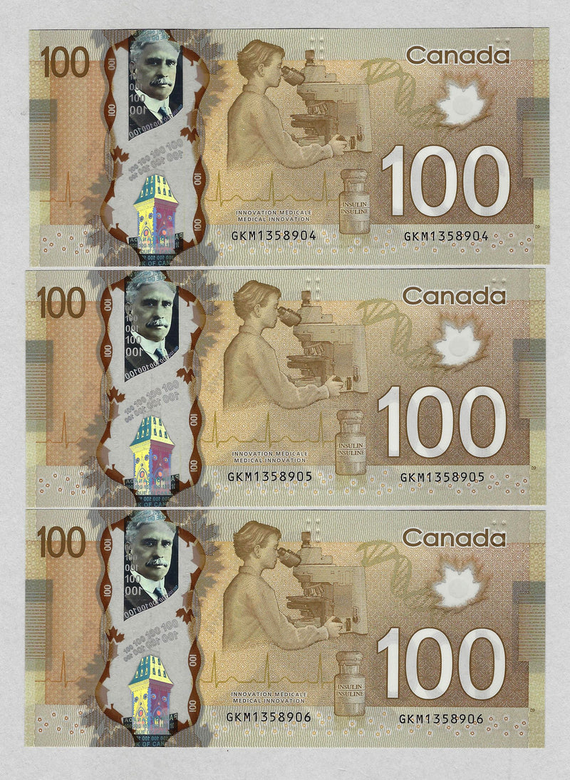 2011 $100 Set Of 3 Cons. Bank Of Canada Note Wilkins-Poloz Prefix GKM BC-73c