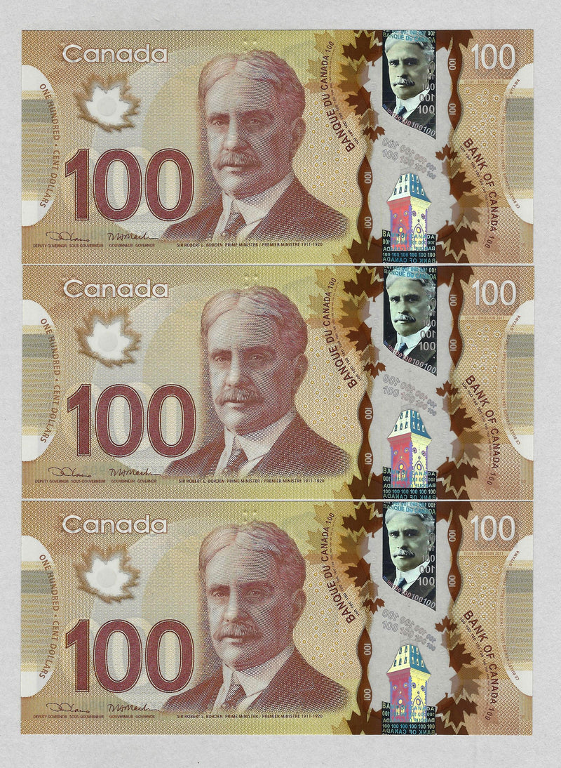 2011 $100 Set Of 3 Cons. Bank Of Canada Note Wilkins-Poloz Prefix GKM BC-73c