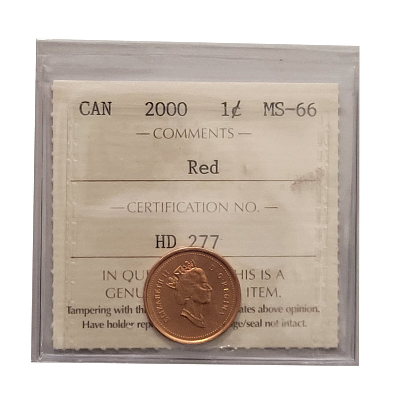 2000 1 Cent Canada Certifield By ICCS MS-66 Red