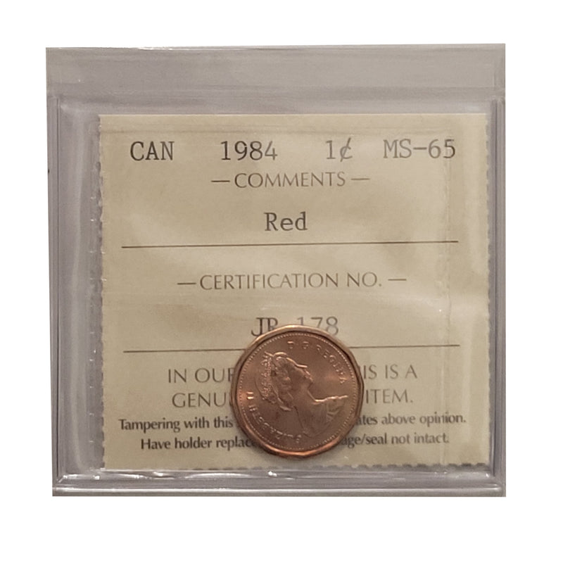 1984 1 Cent Canada Certifield By ICCS MS-65 Red