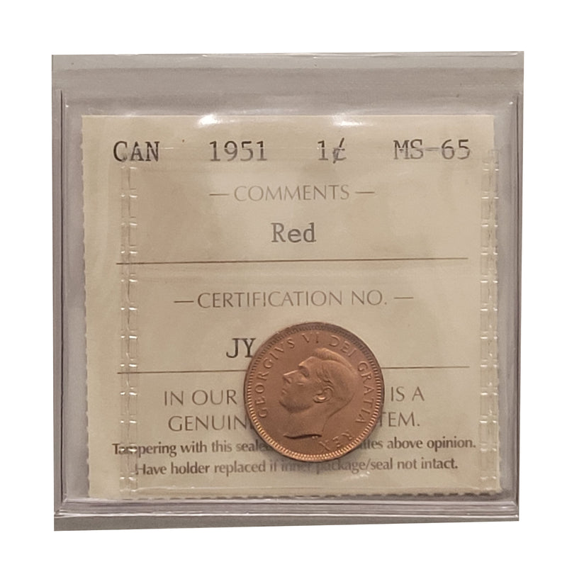 1951 1 Cent Canada Certified ICCS MS-65 Red