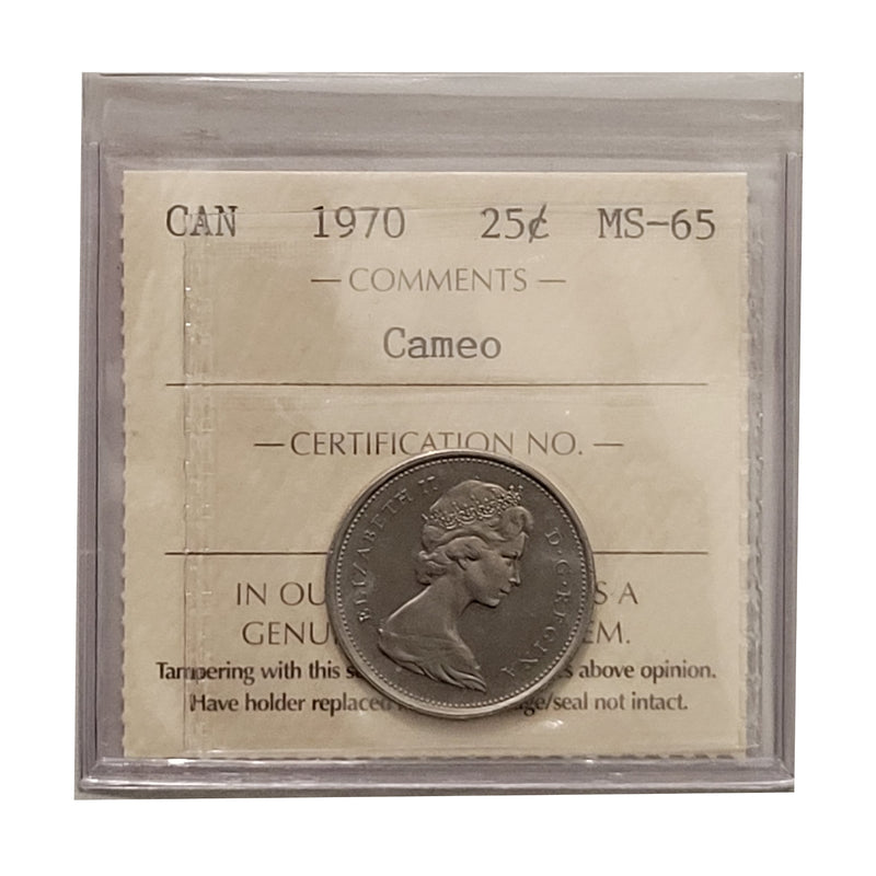 1970 25 Cent Canada Certifield ICCS MS-65 Cameo (Rare Cameo)