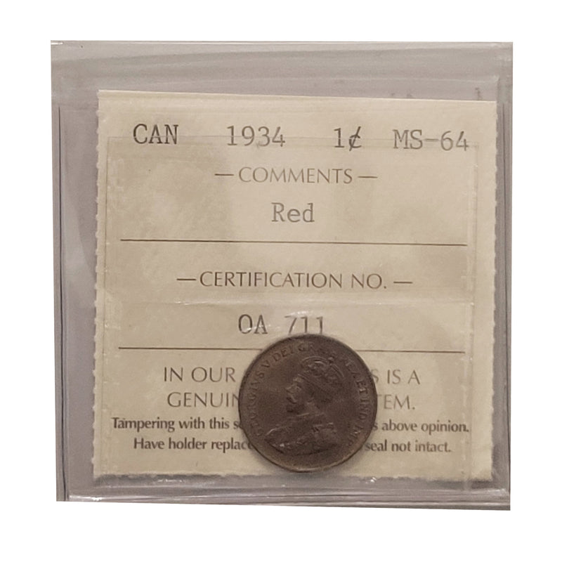 1934 1 Cent Canada Certified ICCS MS-64 Red