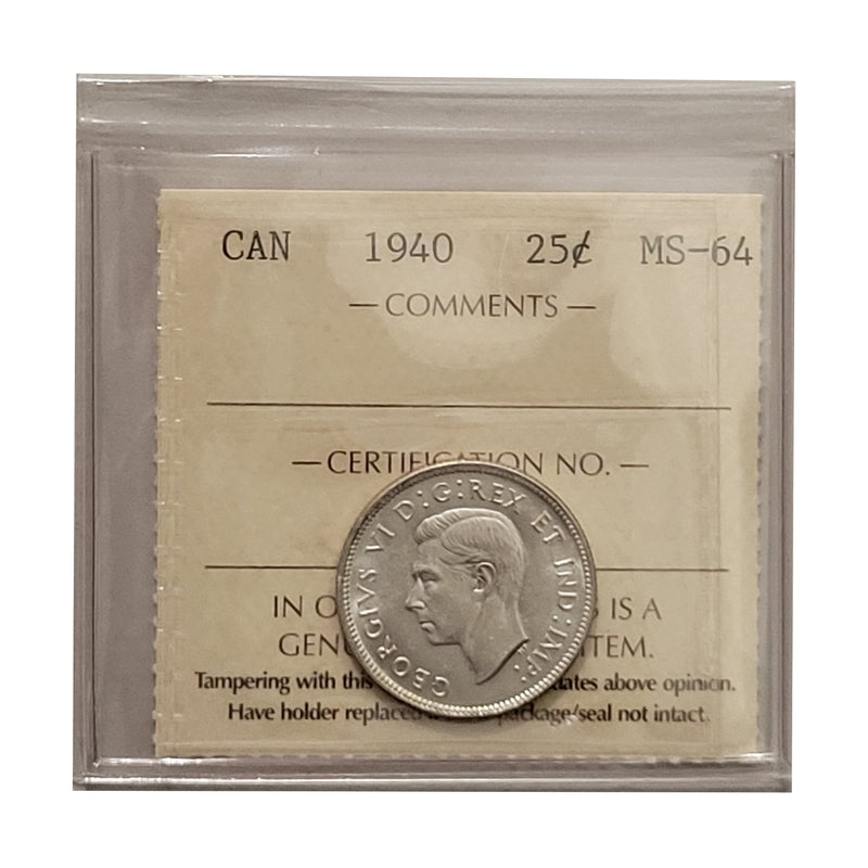 1940 25 Cent Canada Certifield ICCS MS-64