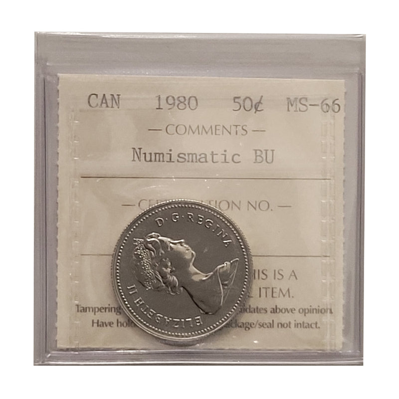 1980 Numismatic BU 50 Cent Canada Certifield ICCS MS-66