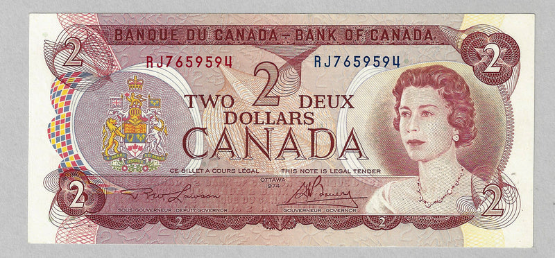 1974 $2 Bank of Canada Note Lawson-Bouey Prefix RJ7659594 BC-47a CH/UNC