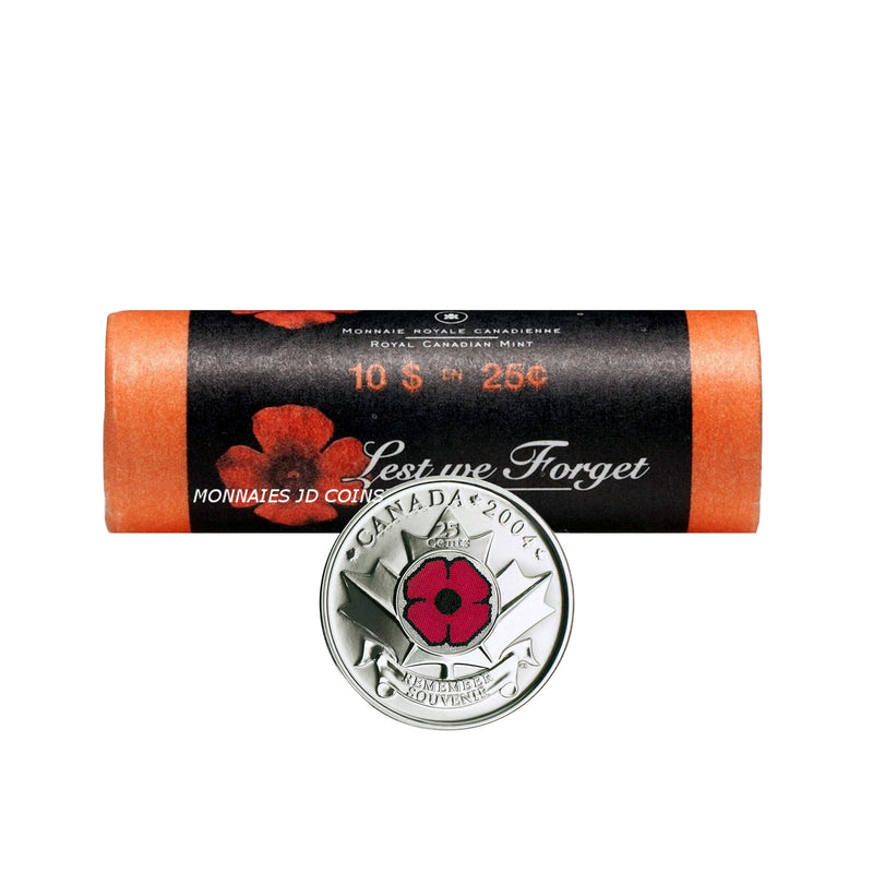 2004P Coloured Poppy Canada 25 Cent Original Roll 40 pcs