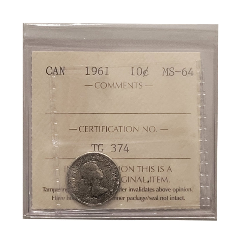 1961 10 Cent Canada Certifield ICCS MS-64