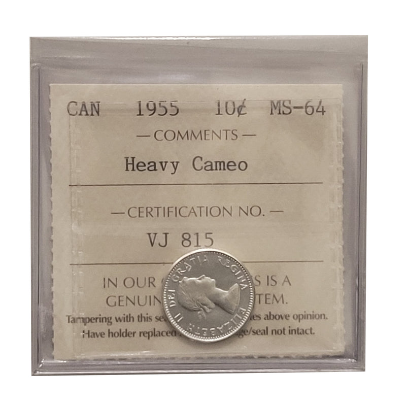 1955 Heavy Cameo 10 Cent Canada Certifield ICCS MS-64