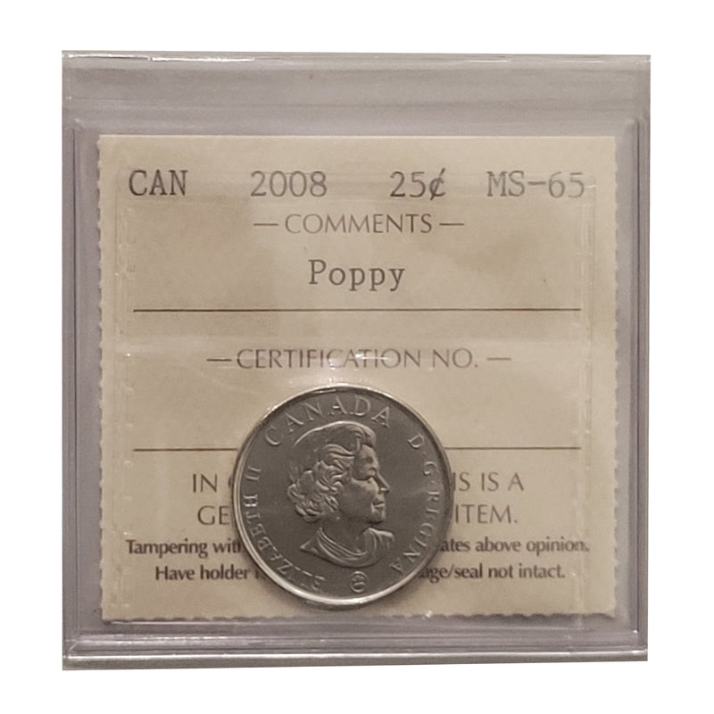 2008 Poppy 25 Cent Canada Certifield ICCS MS-65