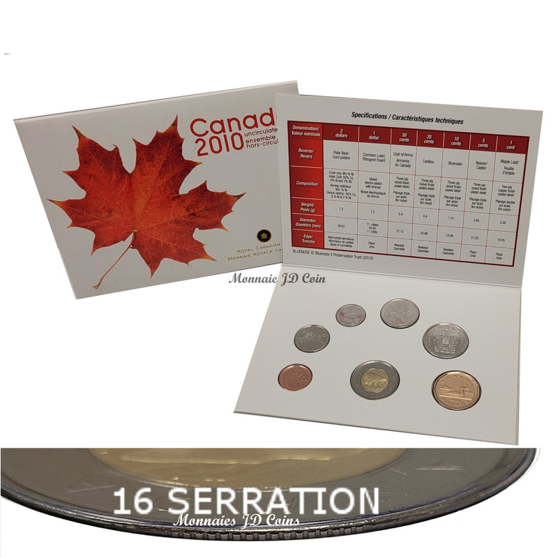 2010 Canada Uncirculated Proof Like Set 7 Coins (16 Serration)