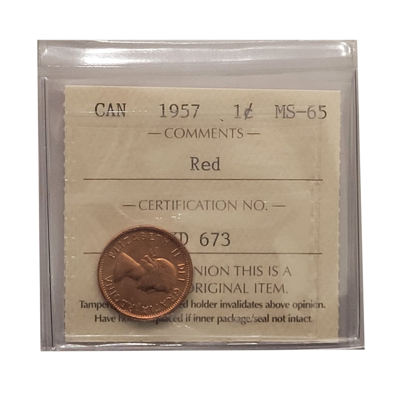 1957 1 Cent Canada Certifield By ICCS MS-65 Red